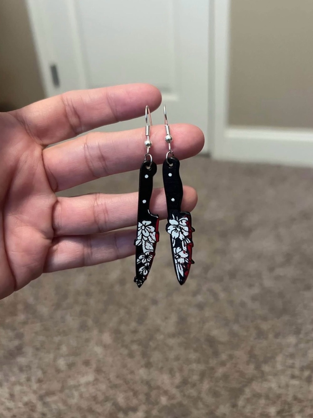Black and Red Floral Knife Dangle Earrings